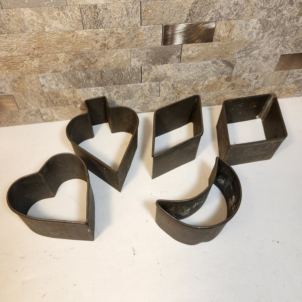 Vintage Metal Cookie Cutter Set 5pc Heart Spade Diamond Square Moon Primitive